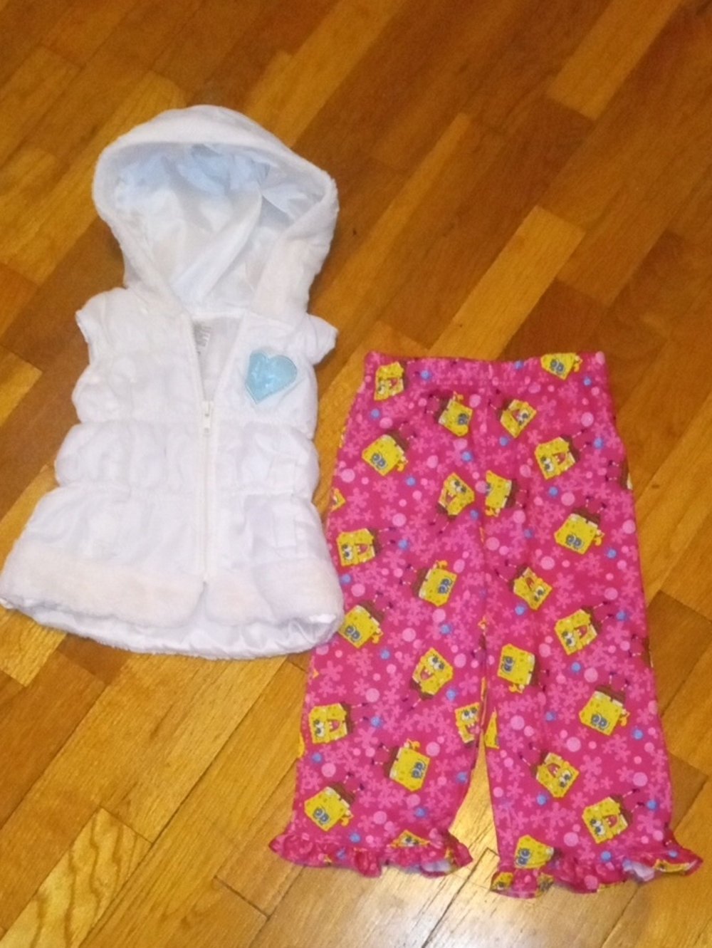 White Hooded Puffy Vest & pink silky spongebob pants Girl 2t